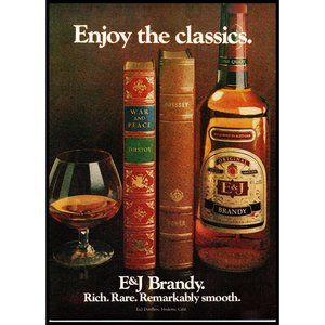 1979 E&J Brandy Vintage Print Ad Snifter Tolstoy Leather Bound Books Wall Art